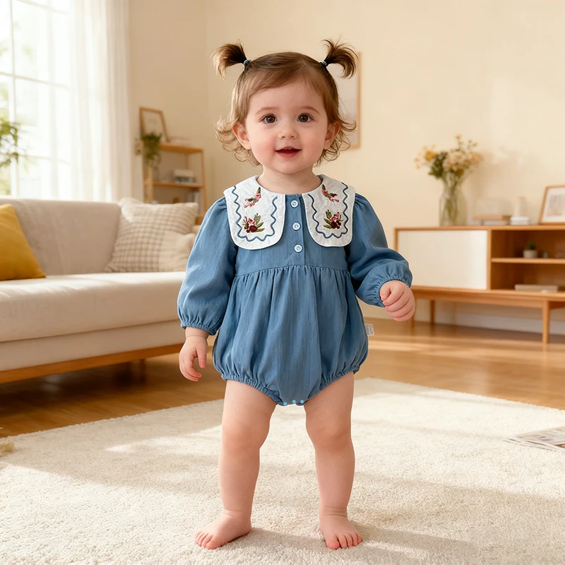 2026 ربيع جديد 0-24 متر الوليد طفلة ارتداءها طويلة الأكمام التلبيب التطريز رومبير القطن طفلة بذلة ملابس الأطفال