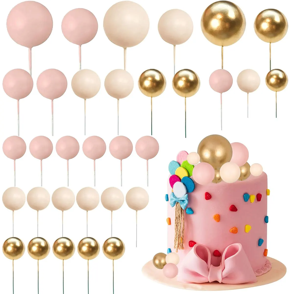 30Pcs Ball Cake Topper Ball Cake Picks Pearl Ball Shaped Cupcake Insert Cake Topper for Birthday Party Favor Wedding Decoration