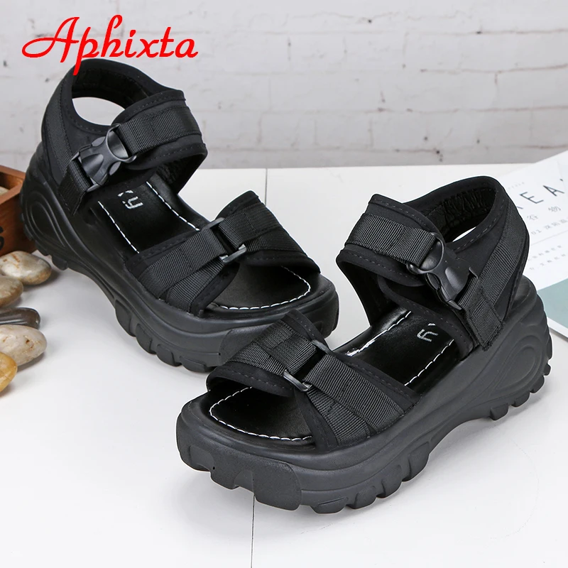 Aphixta 6cm/2.36 inch Summer Platform Buckle Sandals Women Height Increasing Thick Bottom Canvas Women Shoes Slides