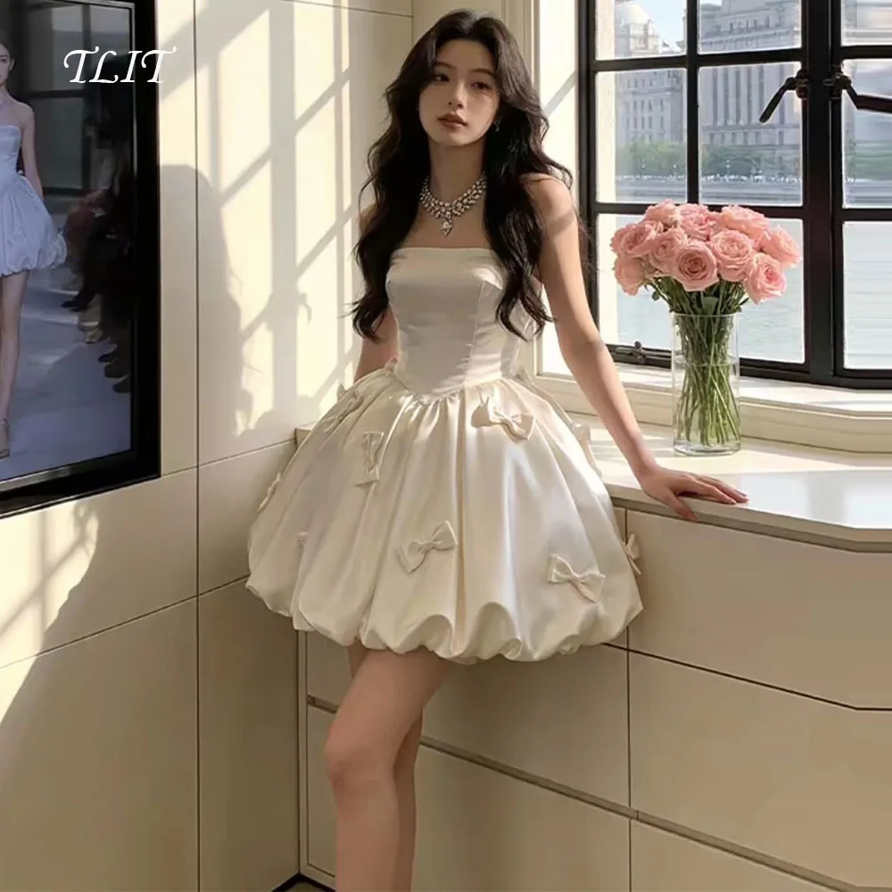 

TLIT Fairy Ivory Silk Satin Wedding Dress Customized 웨딩드레스Strapless Ruffles Bow Decoration Korea Bridal Gowns Photos Shoot