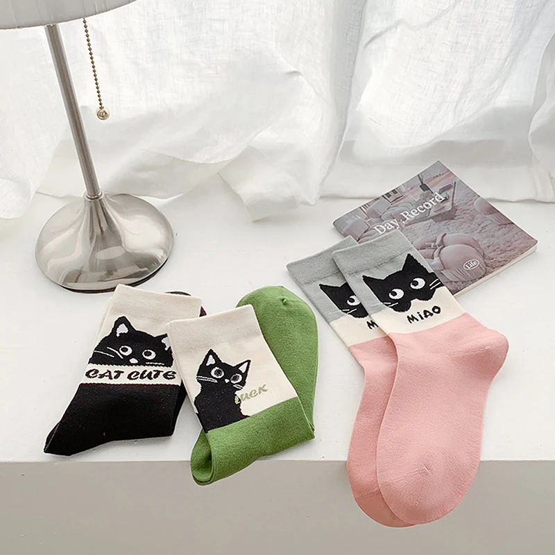 Cartoon Cute Cat Color Matching Polyester Cotton Socks Mid-tube Socks Breathable Sweat Absorption Sports Sock Sweet Student Sock