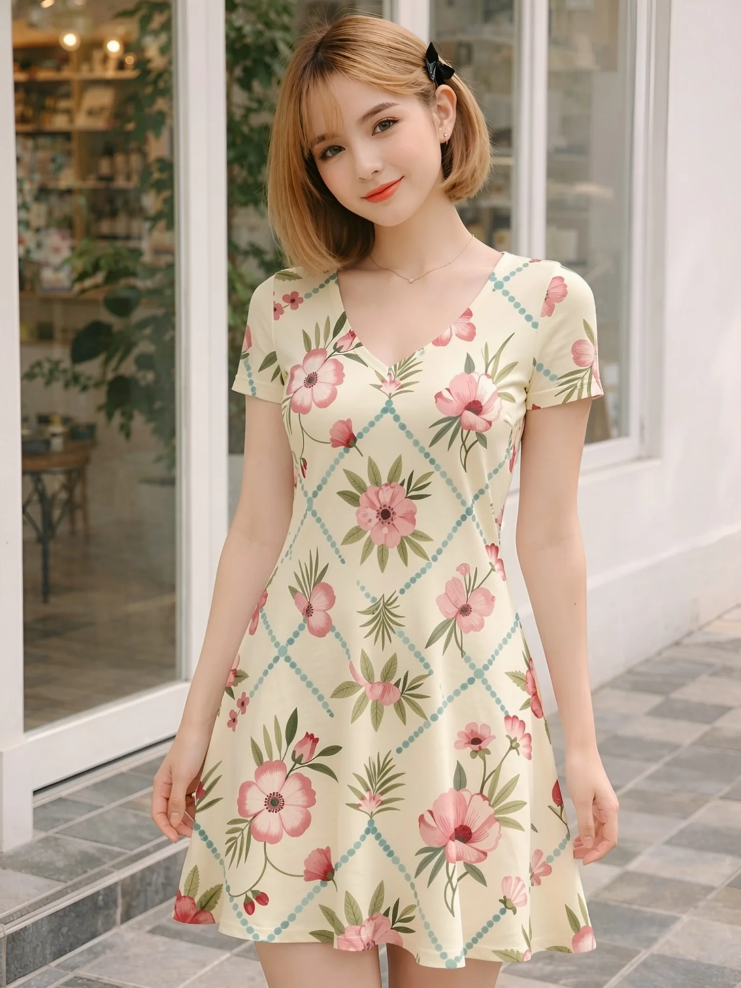 Womens V Neck Short Sleeve Floral Dress Casual Vacation Street Wear Summer Sundress Outfit Seaside Summer Style Mood Look Outing