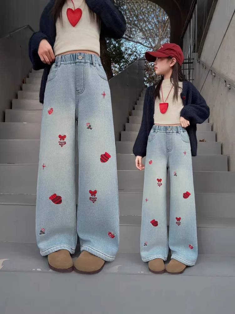 

Girls' Colorful Floral Embroidered Denim Pants, Children's Denim Wide-leg Pants, Light-colored Vintage Long Pants Winter Pants