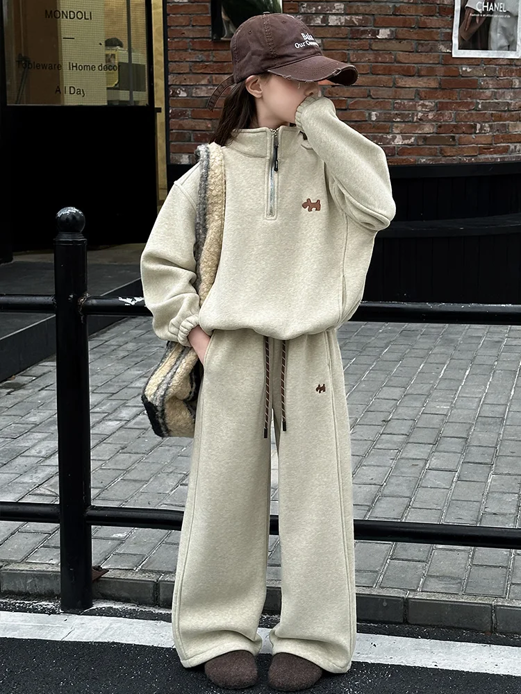 

Thiened Fce Children's Outfit Autumn Winter Faionable Little Girl Sweatirt Wide Leg Pants Two Piece Set High Waist L...