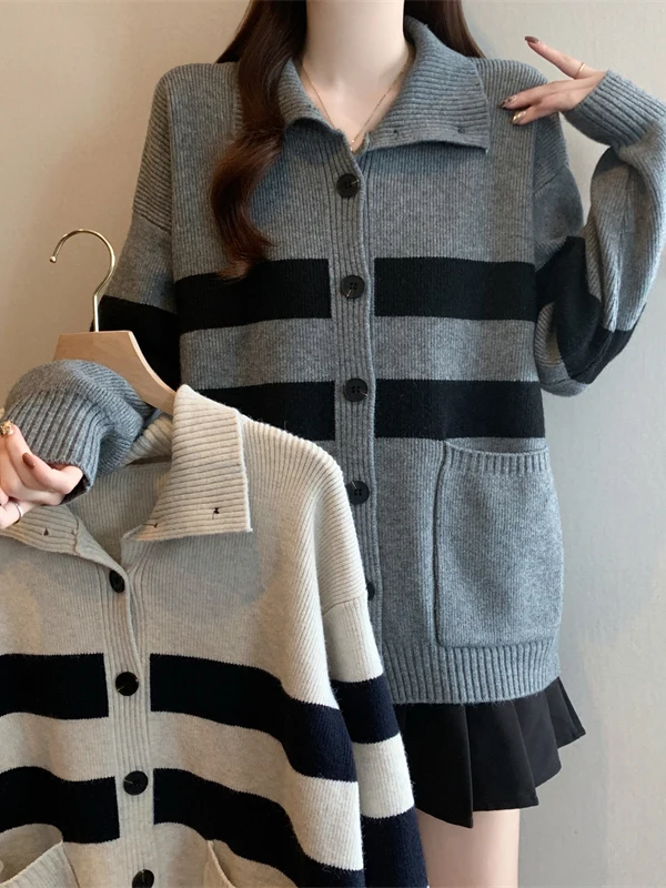 

plus Size Retro High Collar Sweater Cardigan Outerwear Loose Slimming Design Color Block Knitted Top for Autumn Winter