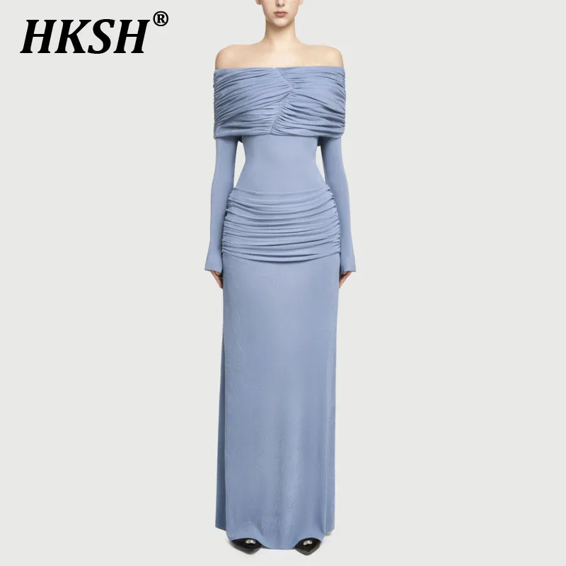 HKSH ربيع وصيف جديد إمرأة شيك أنيق موضة مساء فستان مائل الرقبة مطوي الصدر التفاف بلون فستان الحفلات HK5309