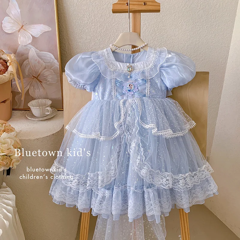 HoneyCherry Adorable Short-sleeved Lolita Princess Dress for Girls. New Solid-color Dress with Lace and Sequins Puffy Dress