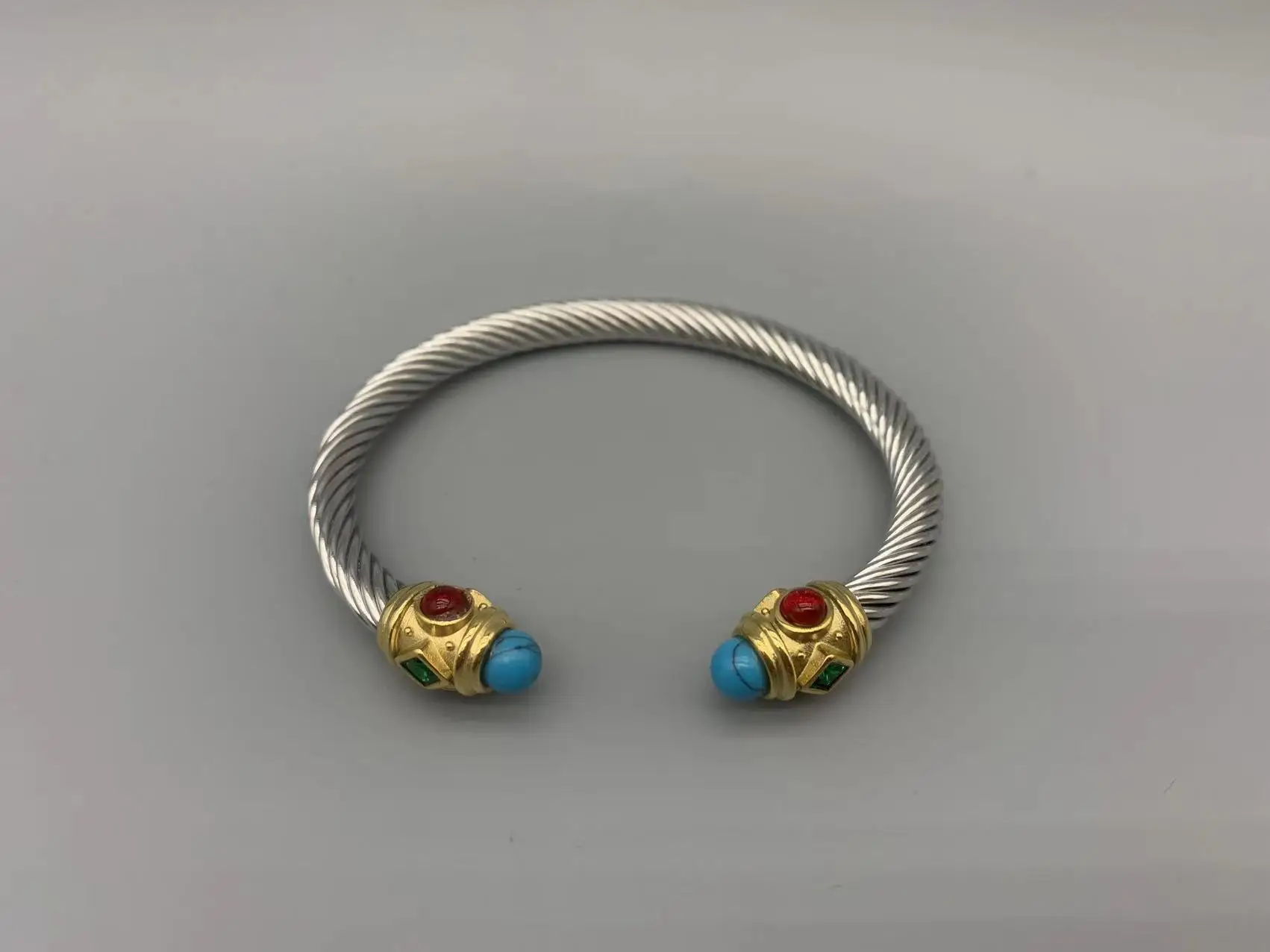 

Le Han Jewelry Silver Cable Bracelet In 18k Gold Plated With Blue Red Green Mixed Stone 6MM