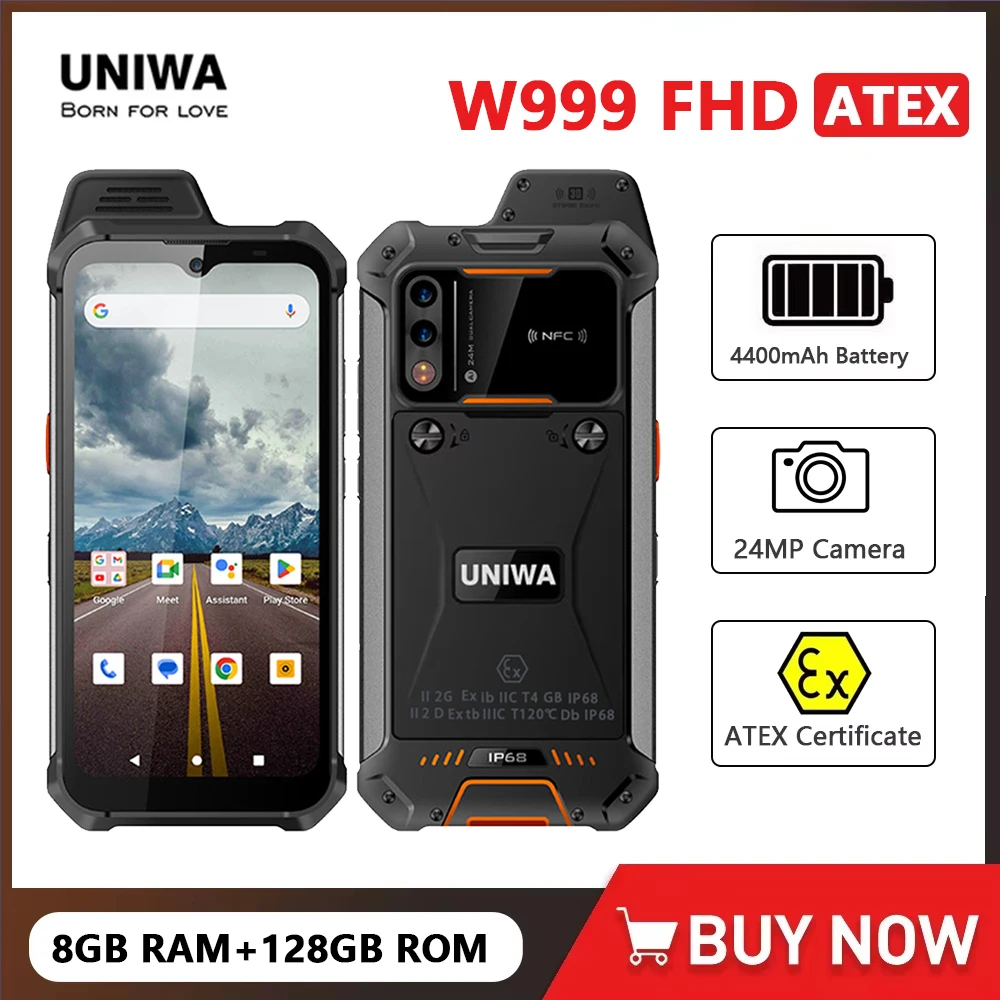 UNIWA W999 ATEX 방폭 IP68 무전기 6.3인치 FHD Helio G99 8GB+128GB 4400mAh 스마트폰 안드로이드 NFC 인증