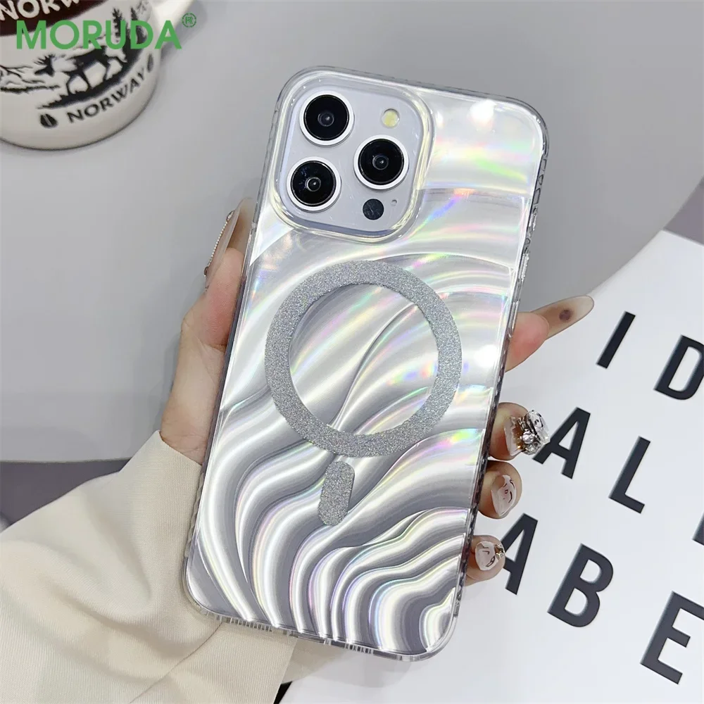 Роскошный Магнитный чехол Silver Phantom Для iPhone 16, 15, 14, 13, 12 Pro Max, 16 Plus, 11, блестящий чехол Magsafe для беспроводной зарядки