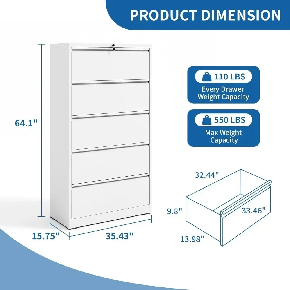 Archivador lateral de 5 cajones con cerradura, archivadores para el hogar, oficina, tamaño Legal/carta A4, archivador con 5 cajones