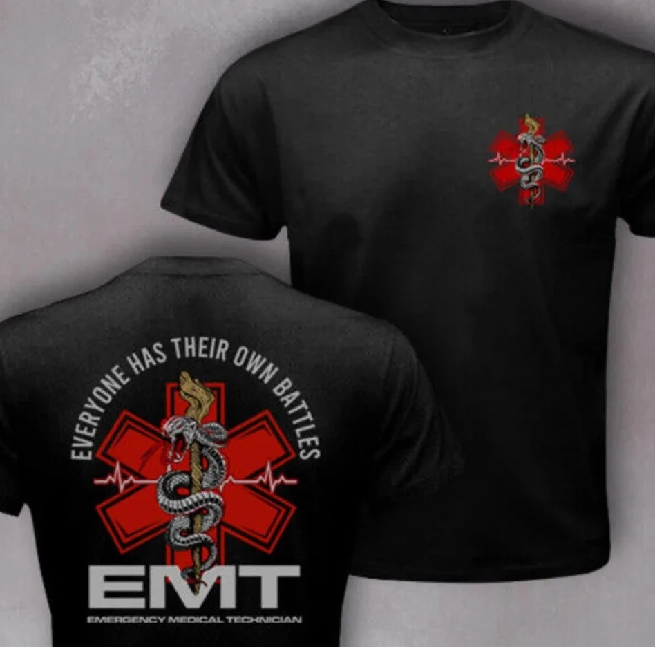 

EMT Paramedic Logo Змея и персонал Мужская футболка с коротким рукавом Повседневные футболки из 100% хлопка