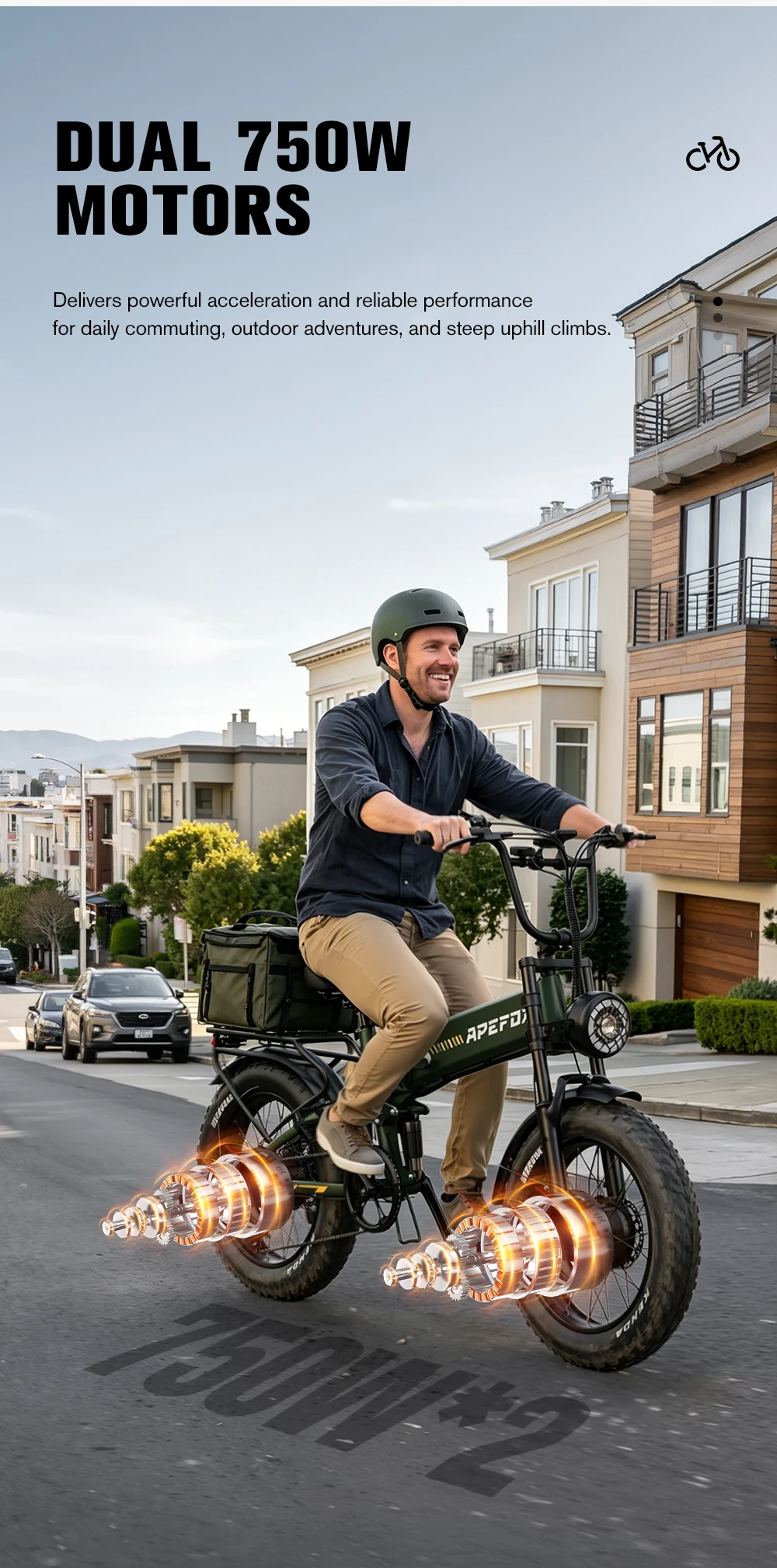 Vélo électrique APEFOX RH20 à double moteur 750W pour adultes, batterie amovible 48V 22.5Ah, pneus larges 20x4.0, vélo électrique pliable, freins hydrauliques, 7 vitesses, vitesse par défaut 25km/h, vitesse débloquée 45-50km/h, longue autonomie, vélo de ville, assistance au pédalage (PAS), autonomie hors route 80-100km, vélo de montagne tout-terrain.