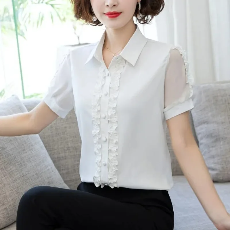 Clothing Gauze Solid Color Cardigan Chiffon Women\'s Button Lace Patchwork Short Sleeve Shirt Casual Elegant All-match Tops