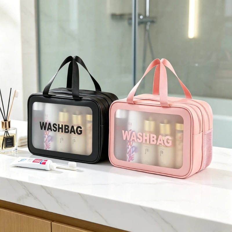 Large Capacity Waterproof Toiletry Bag Wet Dry Separation Frosted PU Double Layer Travel Makeup Wash Bag Bathroom Organizer