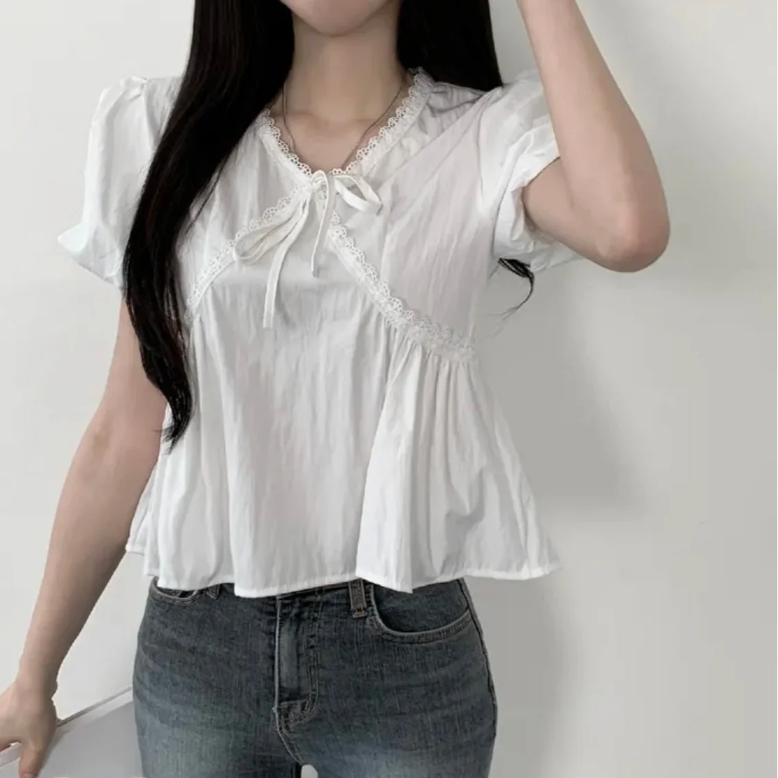 

Весенне-летний кружевной лоскутный свободный тонкий галстук с v-образным вырезом и лентой, женский шифоновый топ, модный для поездок на работу, чистый цвет