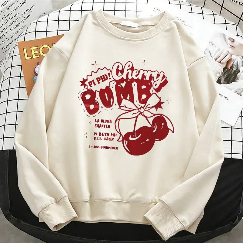 

Женская толстовка Y2K Cherry: теплая флисовая худи с графическим принтом, мягкий пуловер с круглым вырезом, повседневная женская одежда