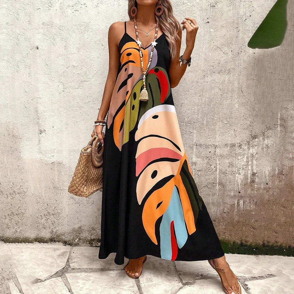 Boho da donna stampato floreale con scollo a V spaghetti canotta maxi abito estivo da donna senza maniche spiaggia vacanza vestito estivo taglia S-2XL