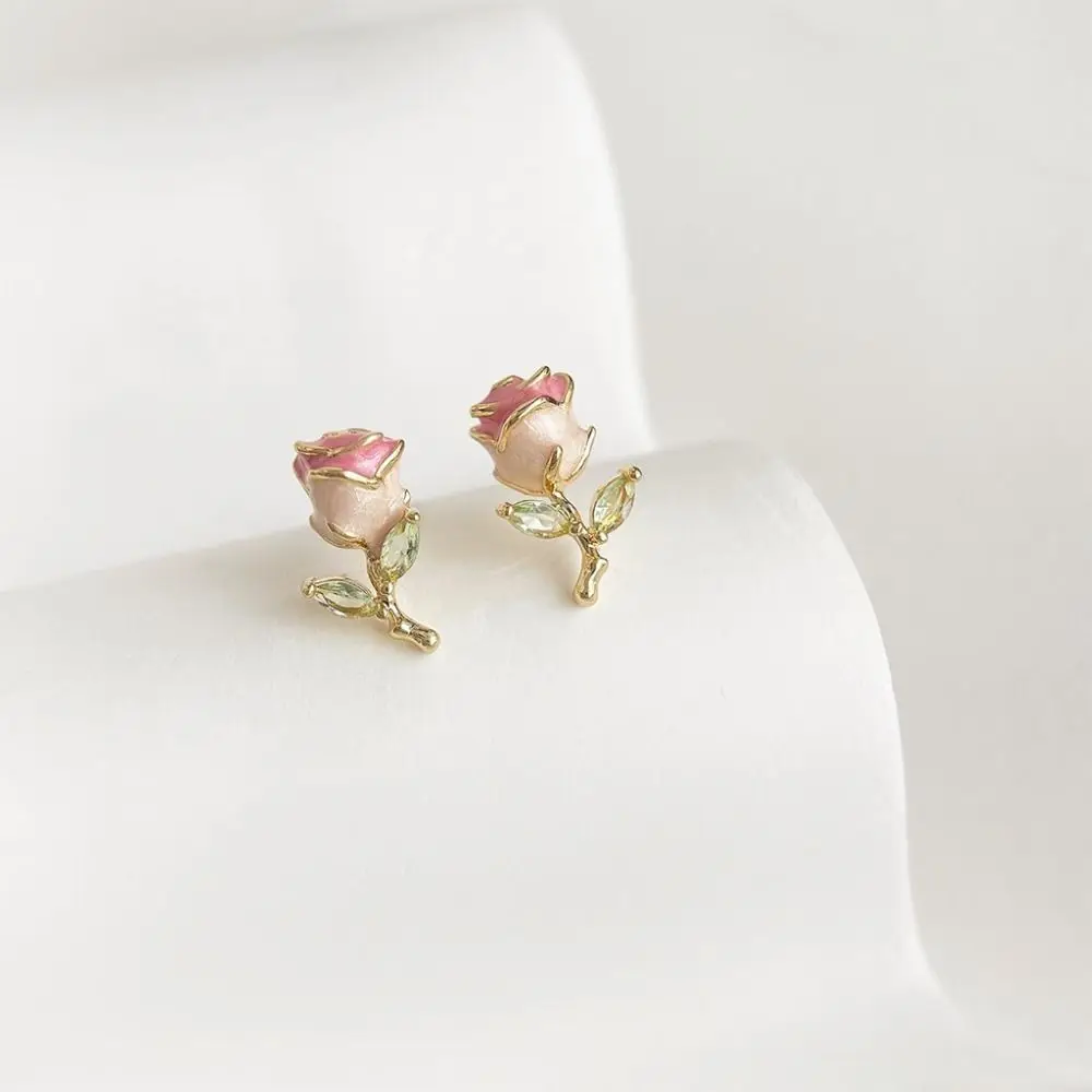 

925 Sterling Silver Needle Enamel Flower Earrings Elegant Party Jewelry Pink Rose Studs Earrings Light Luxury Gift