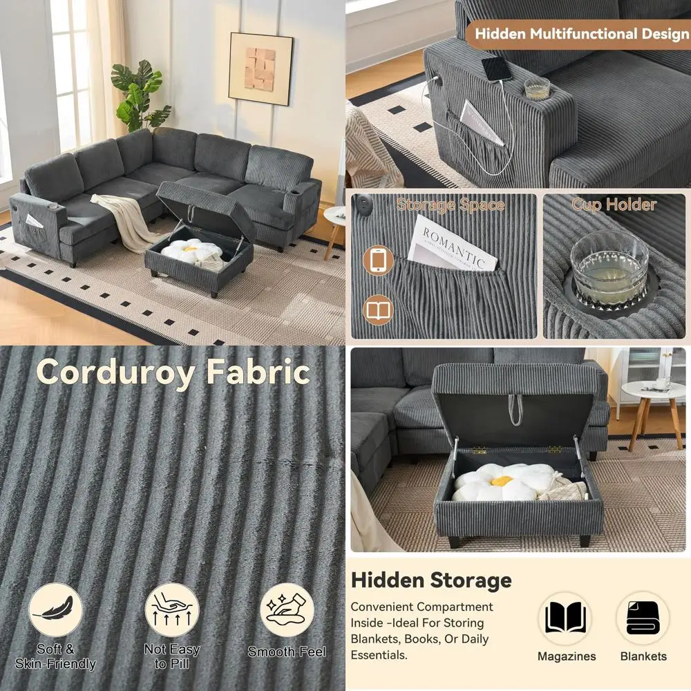 أريكة مقطعية على شكل حرف L باللون الرمادي مع مساحة تخزين وUSB، أريكة سحابية مريحة لغرفة المعيشة وغرفة النوم، تصميم وحدات حديث (3