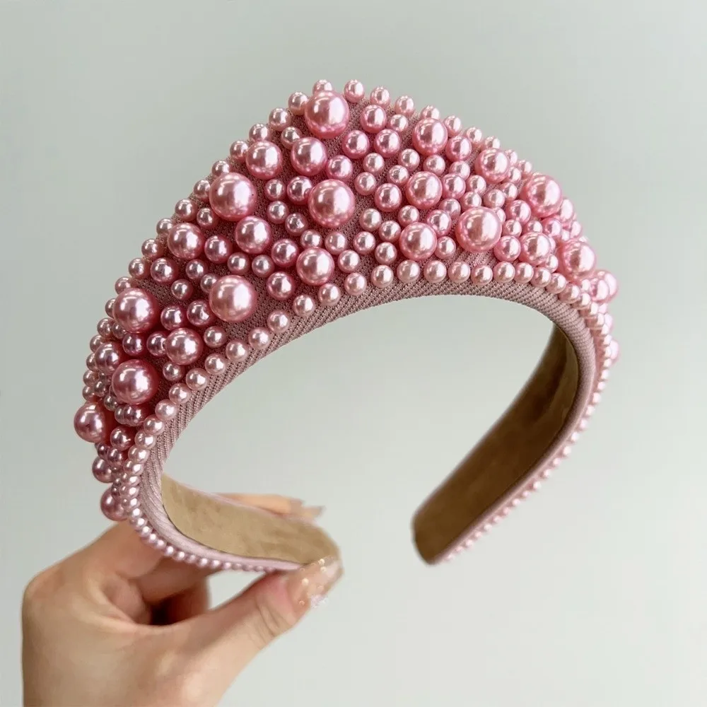 Crystal Hairbands Luxurious Pearl Headbands Vintage Puffy Sponge Hair Hoop Handmade Beaded Rhinestone Tiara Women