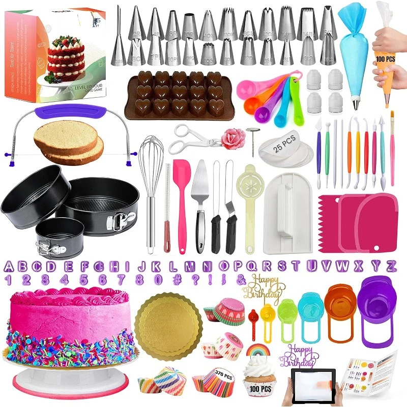 

700PCs Cake Decorating Kit with Baking Supplies-Cake Turntable for Decorating with Baking Pans, Leveler, 24 Numbered Piping Tips