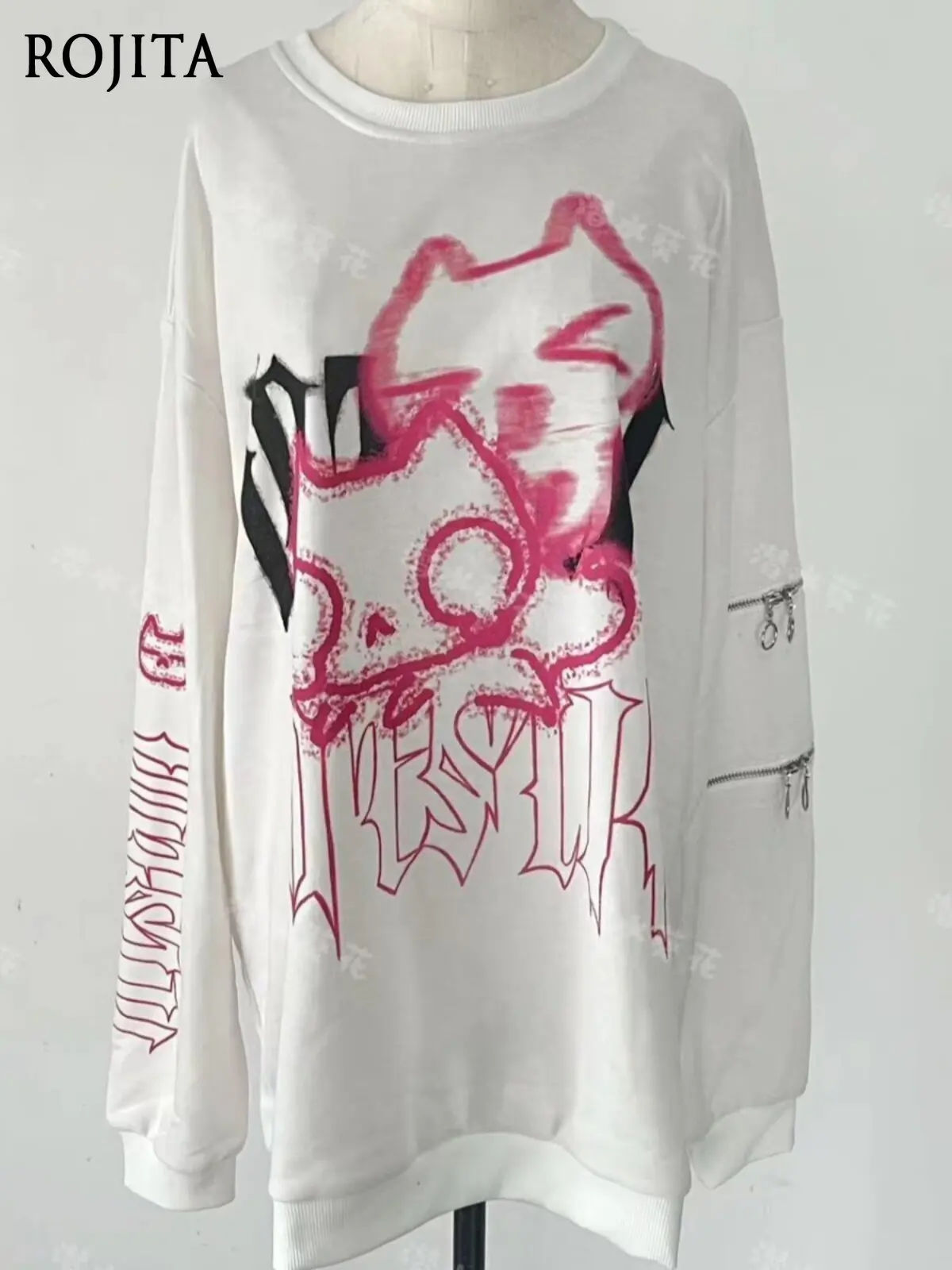 

Cat Print Crew Neck Pullover Sweatshirt Spring Zipper Long-sleeved Top Cute Subculture Long-sleeved Cute Sweatshirt