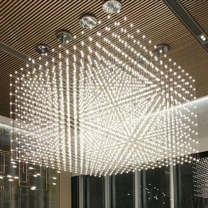 Modern Square LED Pendant Lamp Stainless Steel for Hall Foyer Restaurant Hanging Light Fixtures Cord Adjustable Chandeliers