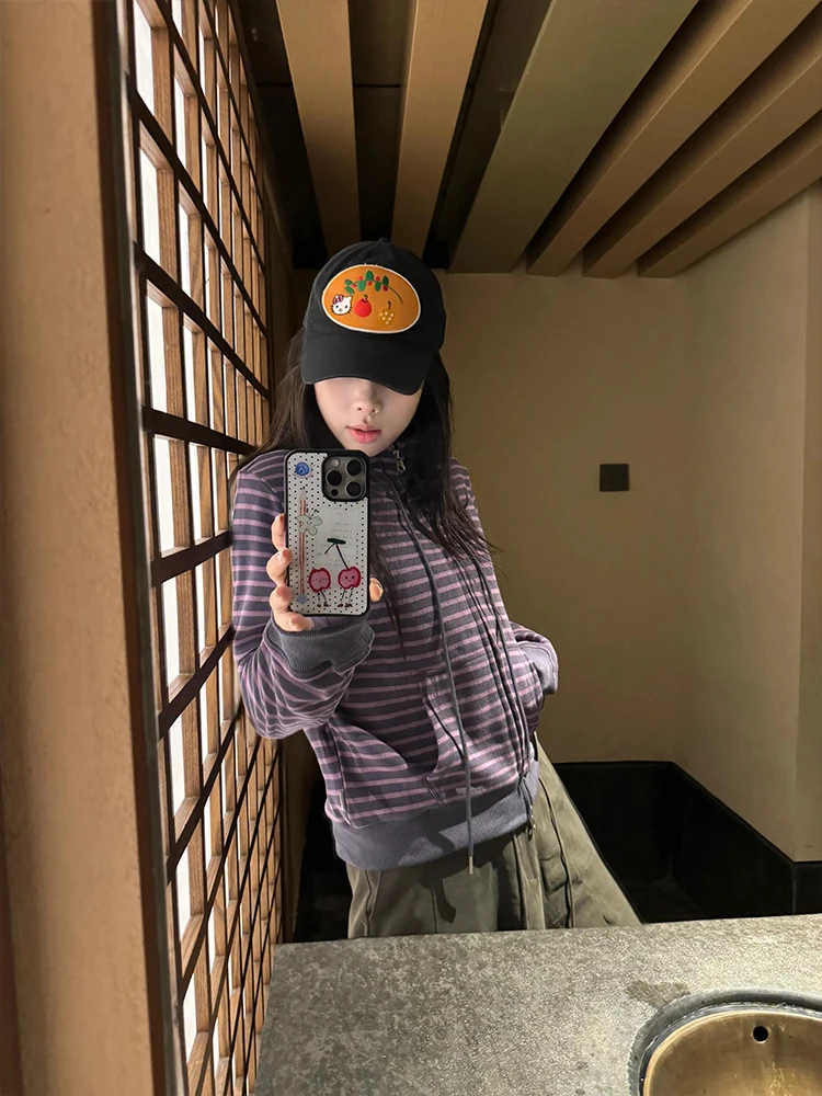 Loose Fit Dames Hoodie Jaet Paarse Strepen Casual Stand Kraag Top Koreaanse Sle Herfst Nieuwe Collectie Klein Formaat