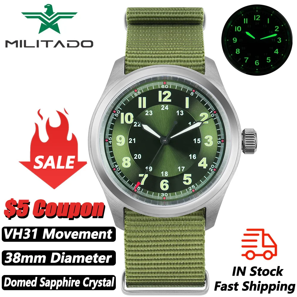 Militado ML08 Military Watch VH31 Quartz Movement Double Domed Sapphire Crystal Watches C3 Green Luminous 38mm Vintage Watches