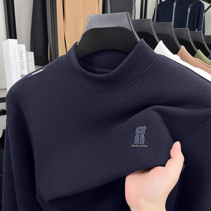 Men's Luxury Long Sleeve T-Shirt High Neck Solid Color Embroidered Logo Autumn Winter Fashion Casual Business Classic Men's Wear