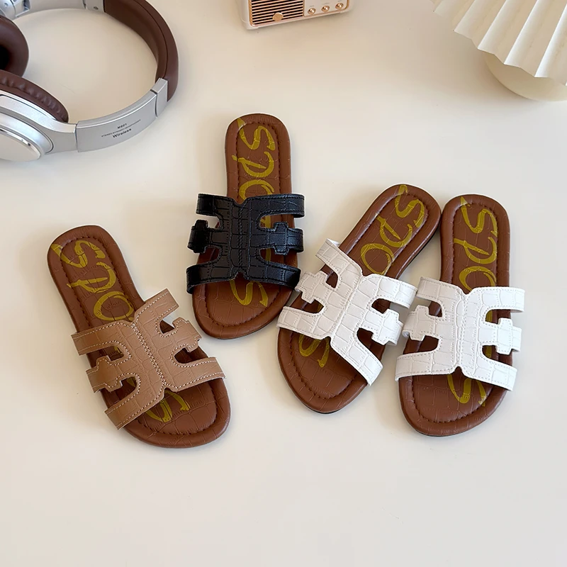 

Уличные тапочки в этническом стиле для девочек, новые летние модные тапочки для девочек, шлепанцы на плоской подошве с открытым носком, детские тапочки 26-36