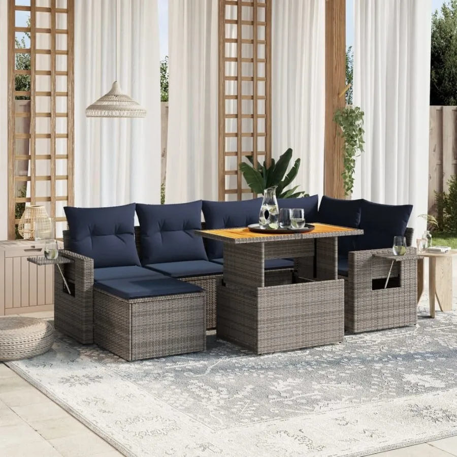 

7 Piece Patio Sofa Set with Cushions Gray Poly Rattan