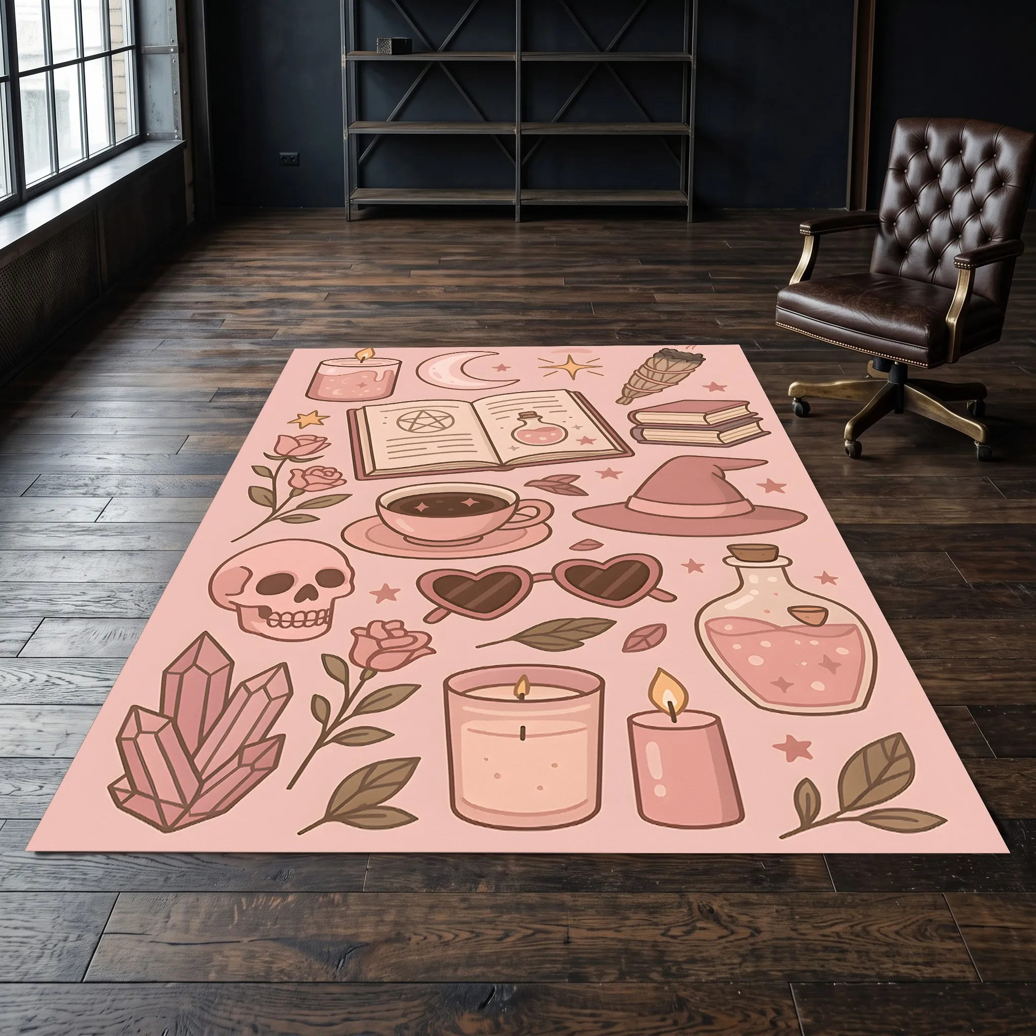 Velvet Rug Pink Tone Skull Witch Inspired Sweet Cool Style for Entryway Bedroom Bedside Decor
