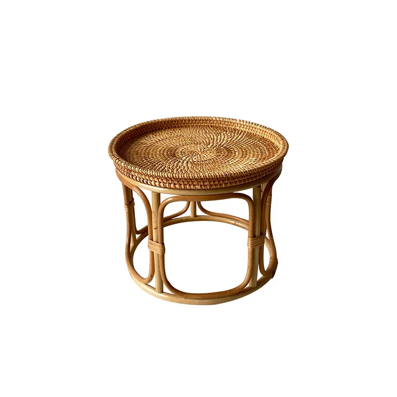 Handmade autumn rattan woven idyllic courtyard balcony living room refreshments cakes fruit round small side few retro features