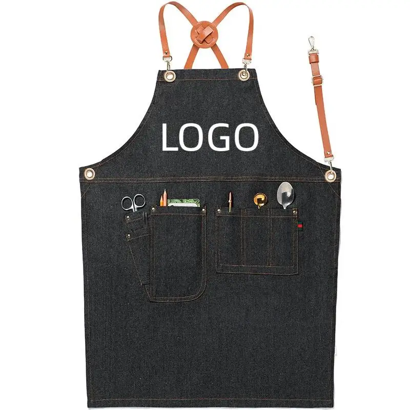 

Free Logo Printing Cowboy Multi Pocket Tool Apron Hairdressing Stylist Cafeteria Restaurant Waiter Work Clothes Apron