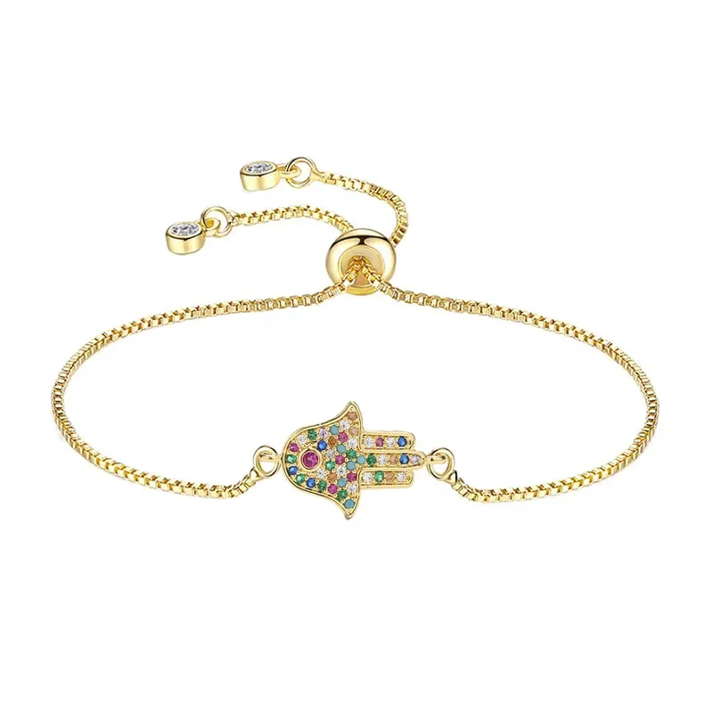 Wielokolorowa cyrkonia sześcienna kryształowa ręka Hamsa Evil Eye Lucky Charm bransoletka damska łańcuszek w pudełku miedziany sznurek z koralików biżuteria prezent