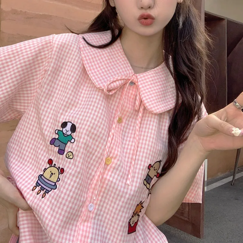 Japanese Sweet Lolita Checkered Doll Neck Women\'s Fashion 2024 Summer New Spliced Button Embroidery Short Sleeve Blouses Shirts