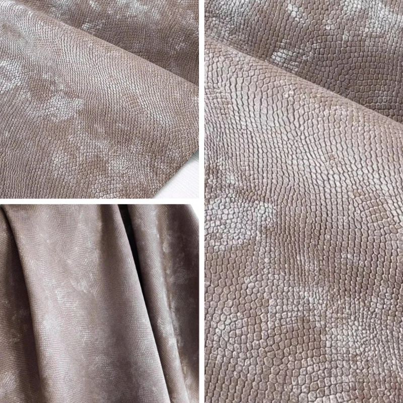 

Light Brown Velvet Embossed Snake Texture PU Leather Fabric Vintage Distressed Print Coat Designer Apparel Handmade DIY Material