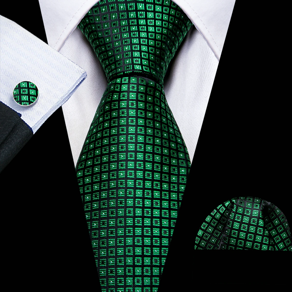 

Luxury Silk Men Tie Set Green Black Plaid Necktie Handkerchief Cufflinks Wedding Business Party Gift Dropship Barry. Wang A-6129