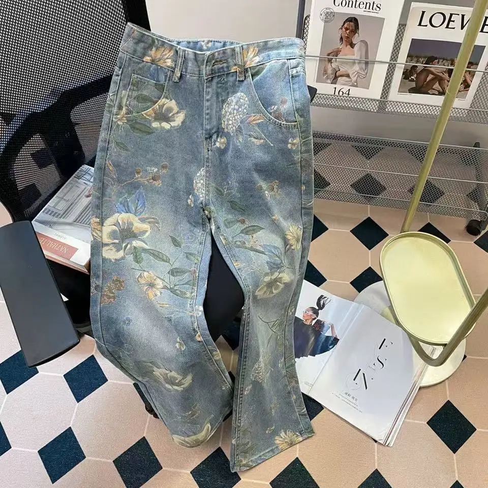 

American Retro Print Wide Leg Jeans for Women Streetwear Loose Casual High Waist Straight Pants Fashion Versatile Denim Trousers