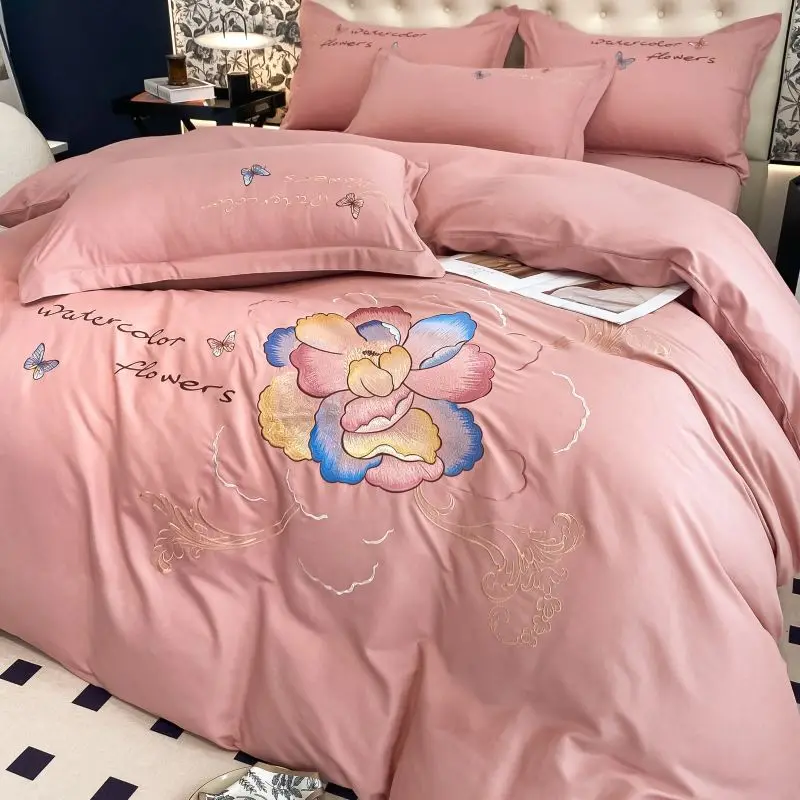 New Washed Cotton Bedding Set Sheet Four-piece Set Advanced Embroidered Quilt Cover Simple Three-piece Set Bed Sheet