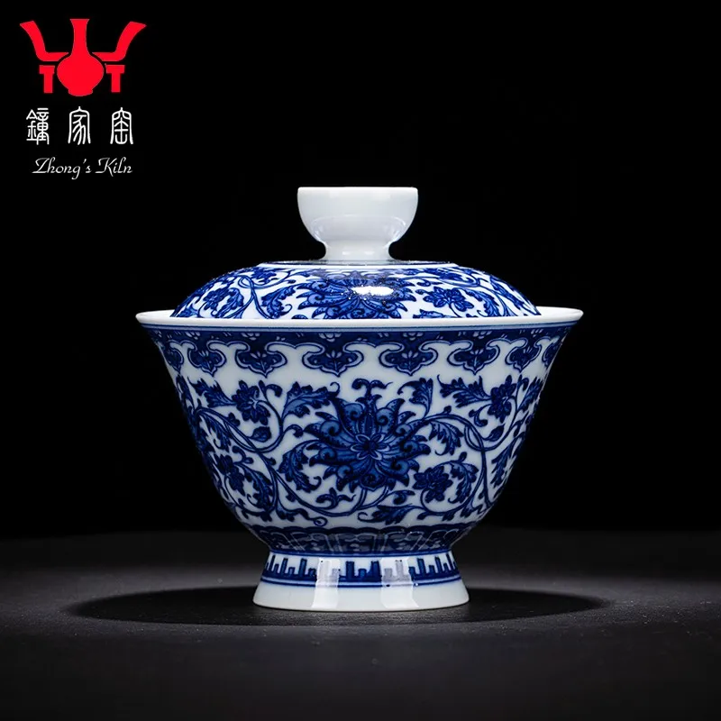 

Zhongjia Kiln Cover Teacup Jingdezhen Hand Painted Blue and White Firewood Kiln Interlock Branch Lotus Ceramic Bowl Second Only