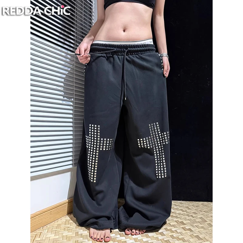 

Черные спортивные брюки ReddaChic с завязками на талии, с диагональными карманами, свободные, прямые, широкие штанины, винтажные, в стиле хип-хоп, женская уличная одежда