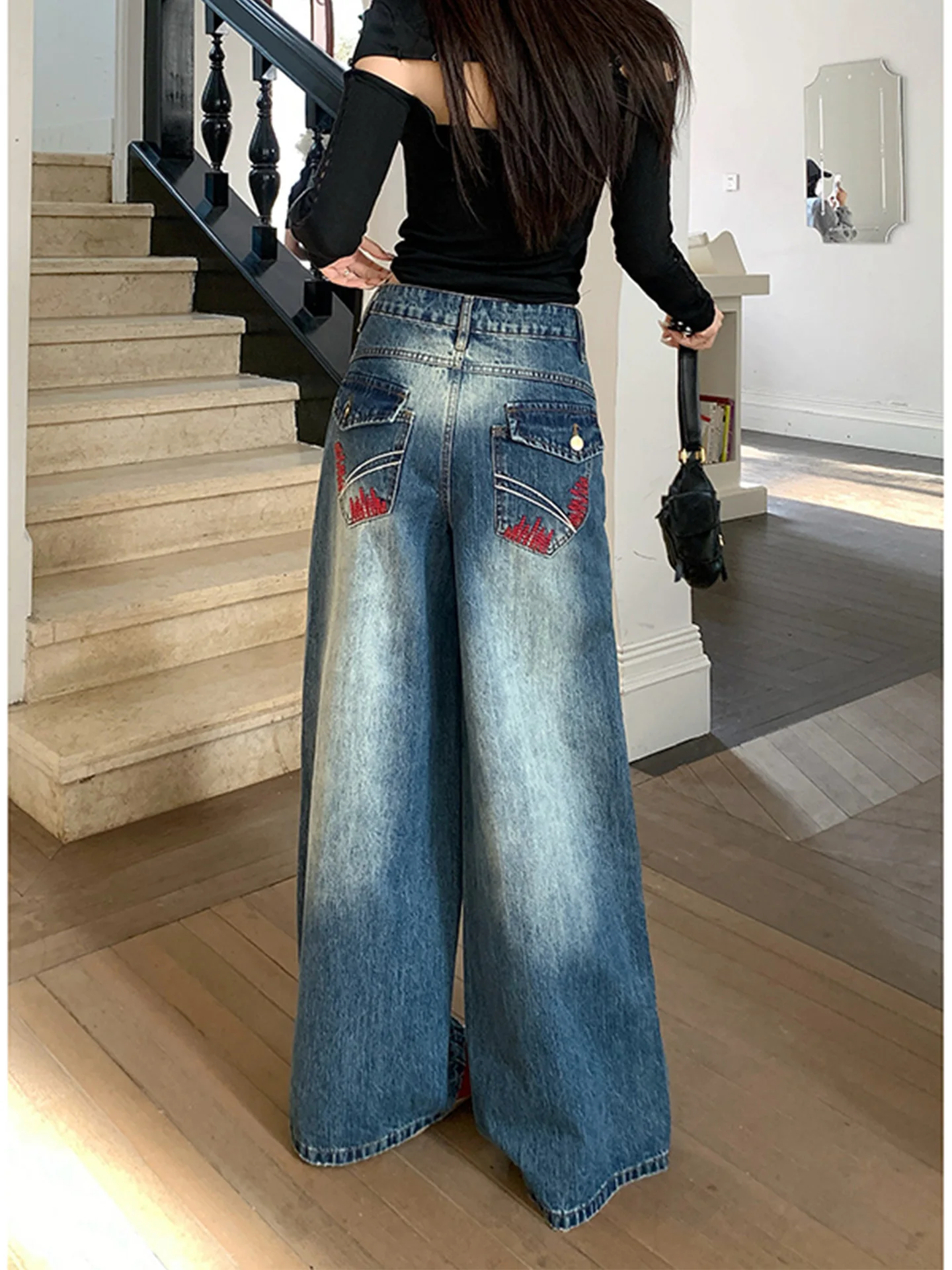 

Washed Blue Embroidered American Style Summer New Women's Loose Slim Wide Leg Jeans Pocket High Waist Vintage Denim Pants