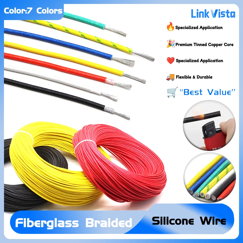 

Fiberglass Braided High Temp Wire 1/5/10M Tinned Copper Silicone Rubber Cable for Floor Heating Element Appliance Repair Cables