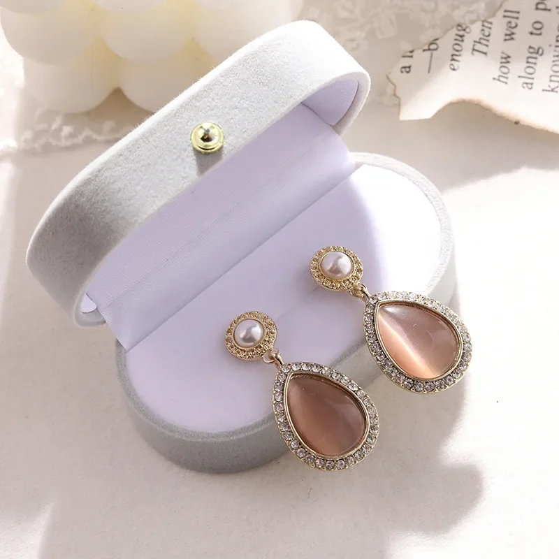 Korean Vintage Water Drop Champagne Opal Earrings Earclips French Luxury Rhinestone Clip on Earrings for Women No Piercing Party