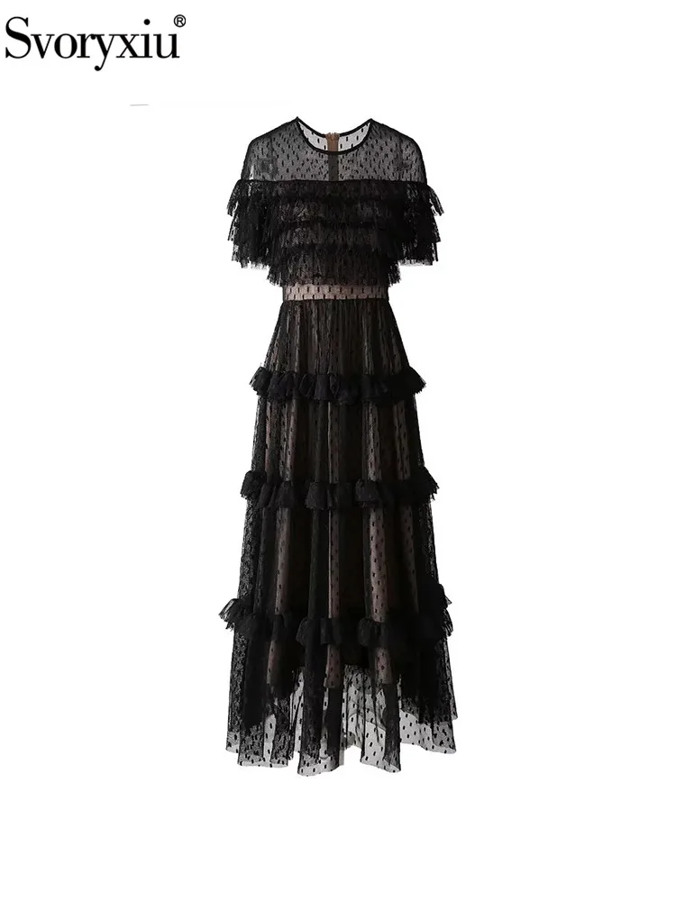 

Svoryxiu Fashion Runway Summer Black Color Elegant Long Dress Women's O-Neck Flounces Sleeve Net Yarn Cascading Flounces Dress