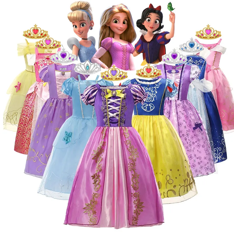 Disney Girls Princess Dress Children Birthday Party Carnival Halloween Cosplay Rapunzel Snow White Cinderella Aurora Costume