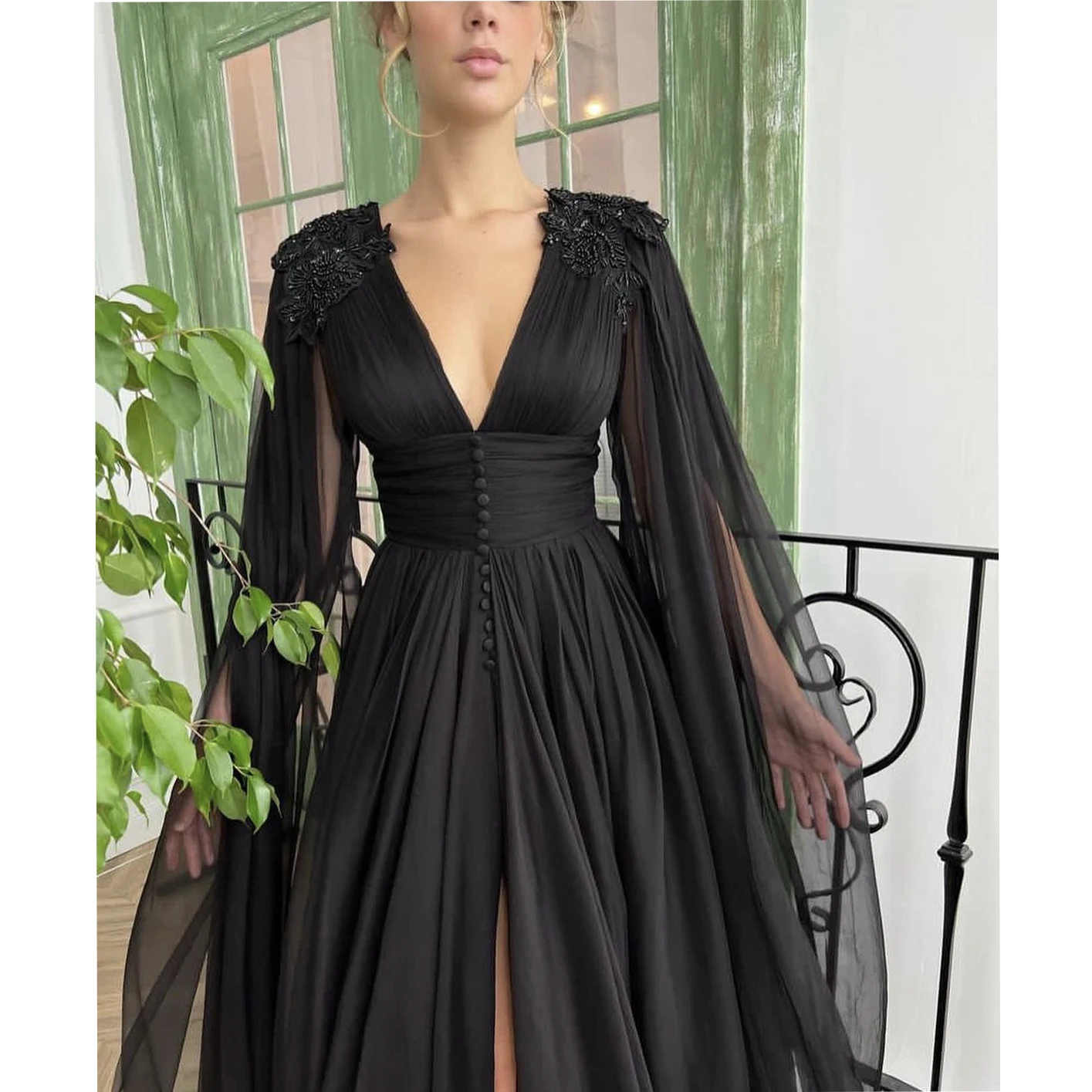 LSYX Black Beaded Chiffon Floor length Evening Party Dress V Neck Applique High Waist Prom Gown Elegant Pleat Ruching A-line